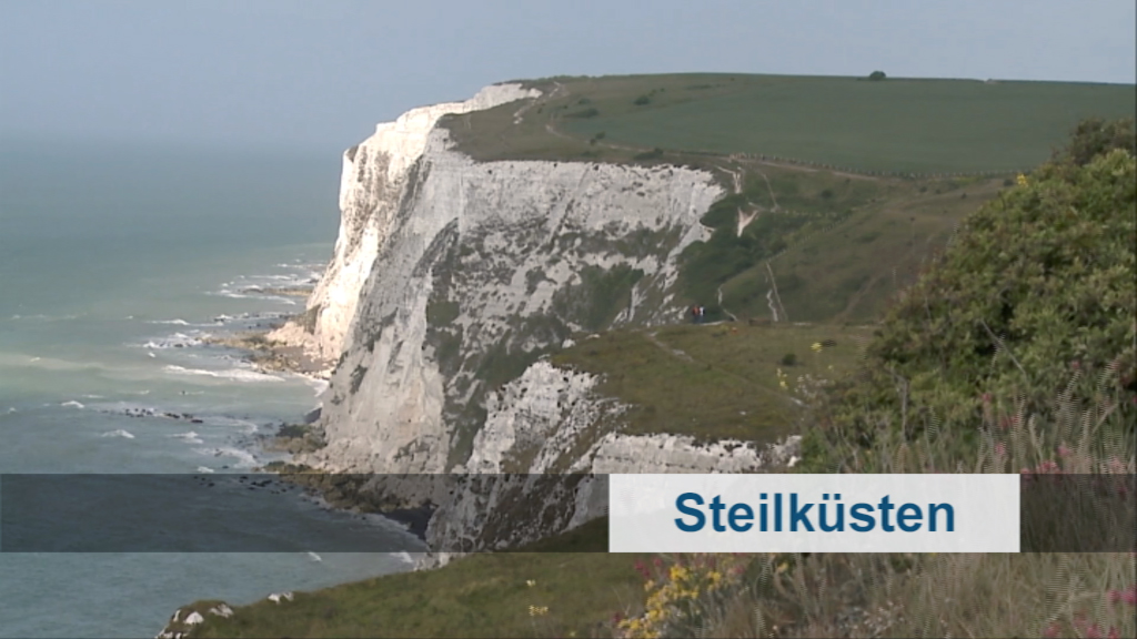 Steilküsten mit weißen Klippen und Meer im Hintergrund.