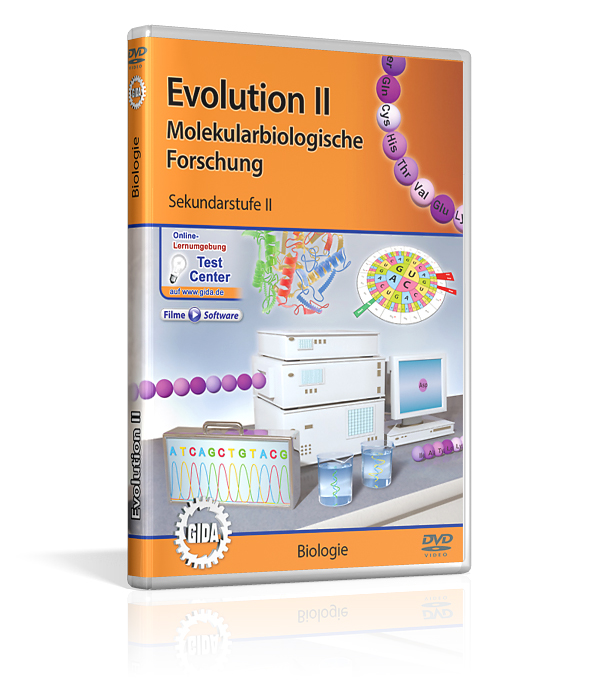 DVD-Cover mit dem Titel 'Evolution Zwei' für Sekundarstufe 2. Es zeigt bunte Moleküle und Laborgeräte.