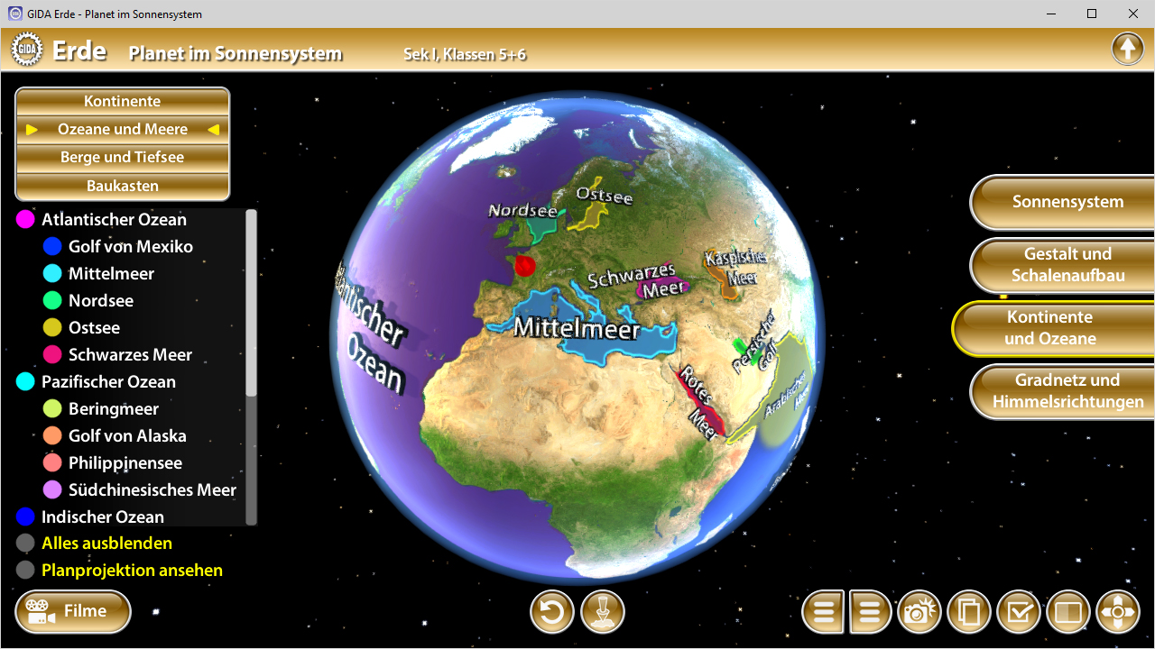 Interaktive 3D-Darstellung der Erde mit Kontinenten, Ozeanen und Meeren, einschließlich des Atlantischen Ozeans und des Mittelmeers.
