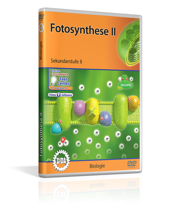 DVD-Cover mit dem Titel 'Fotosynthese Zwei' für Sekundarstufe 2. Es zeigt Abbildungen von Chloroplasten und Molekülen.