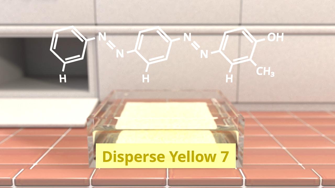 Chemische Strukturformel von Disperse Yellow 7, dargestellt über einem transparenten Block.