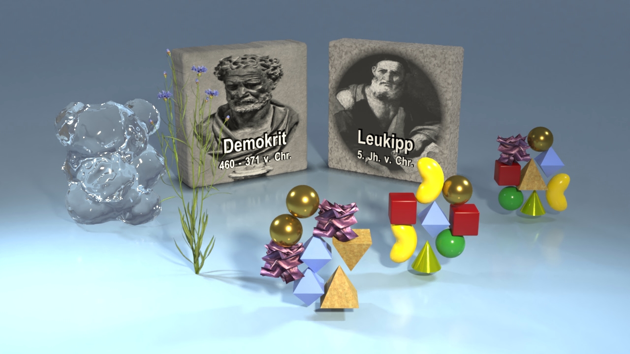 Darstellung von Demokrit und Leukipp mit geometrischen Formen und einer Blume, die ihre Philosophie symbolisieren.