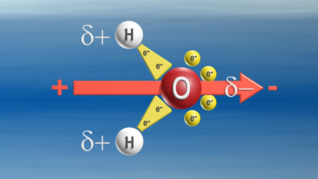 Diagramm, das die Polarität von Wassermolekülen zeigt, mit Wasserstoff- und Sauerstoffatomen sowie Elektronen.