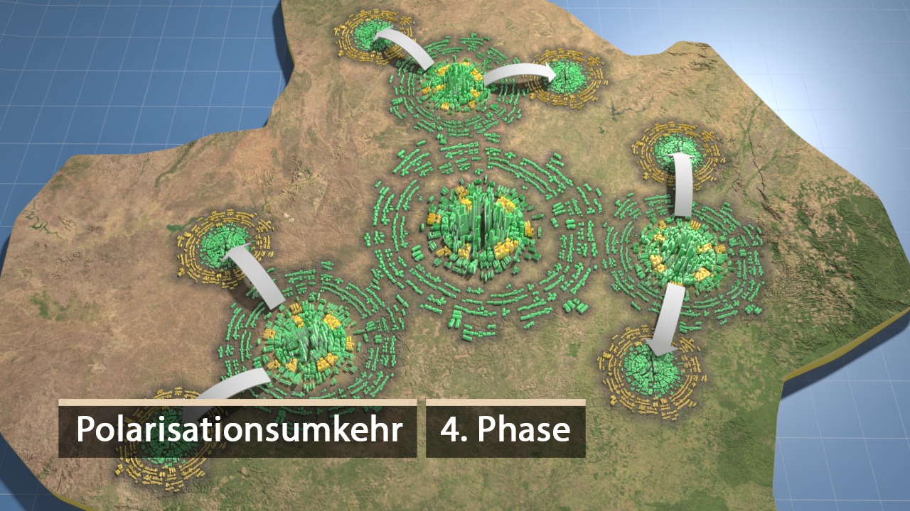 3D-Darstellung von Polarisation und Umkehr in der vierten Phase, mit grünen und gelben Elementen auf einer Landkarte.