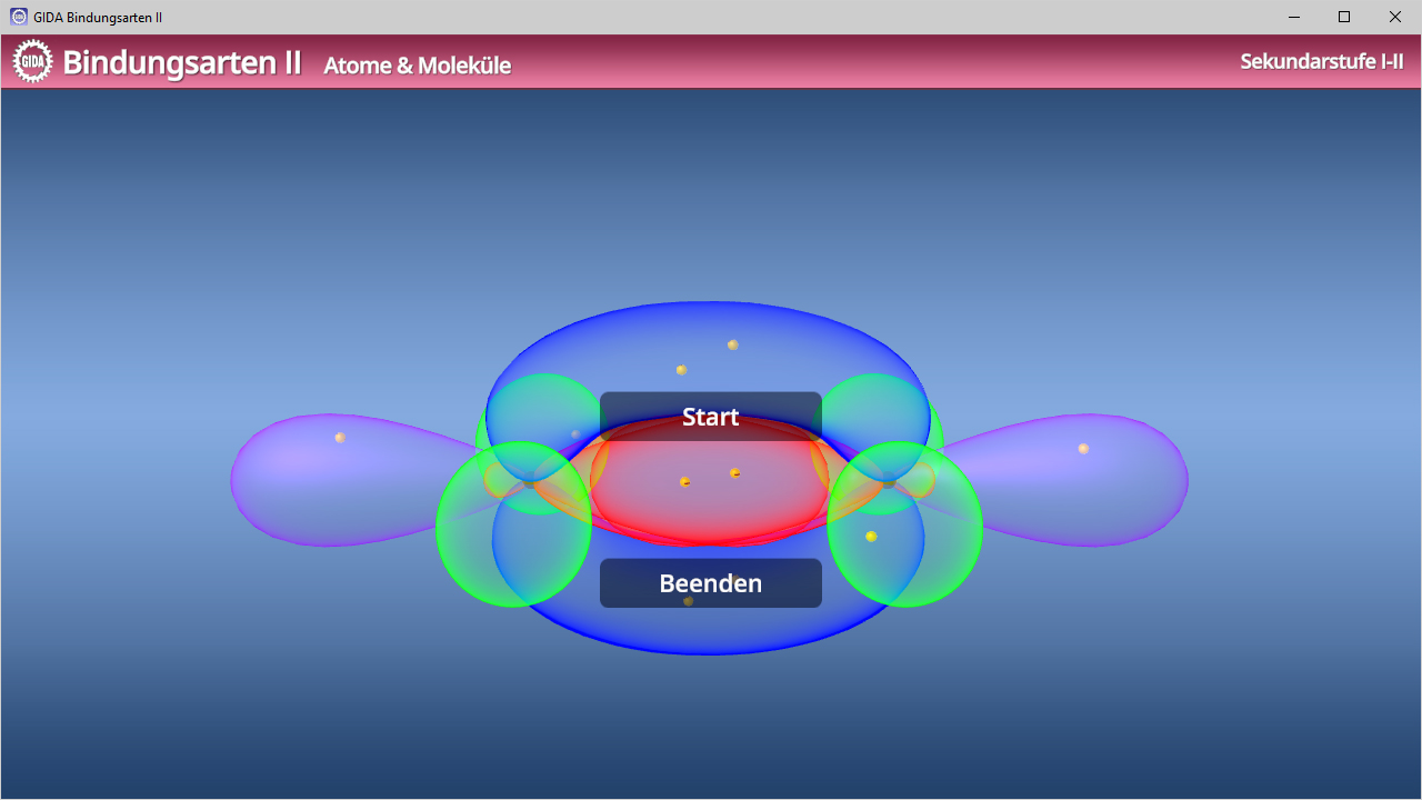 Interaktive Grafik zur Darstellung von Bindungsarten in Atomen und Molekülen, mit Schaltflächen 'Start' und 'Beenden'.