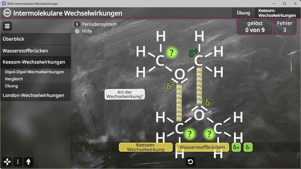 Tafel mit chemischer Strukturformel von Ethanolmolekülen und Markierungen zu Keesom-Wechselwirkungen und Wasserstoffbrücken mit Fragezeichen und Partialladungen