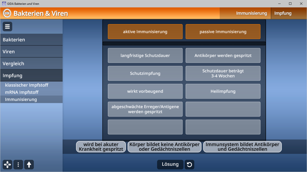 Interaktive Benutzeroberfläche zu Bakterien und Viren mit Optionen zur aktiven und passiven Immunisierung sowie deren Eigenschaften.