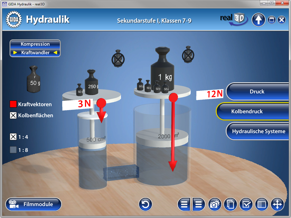 Interaktive Darstellung eines hydraulischen Systems mit Gewichten, Druckanzeigen und Kolbenflächen.