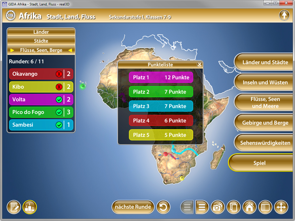 Interaktive Karte von Afrika mit Auswahlmöglichkeiten für Länder, Flüsse, Seen und Berge sowie einer Punkteliste für ein Spiel.