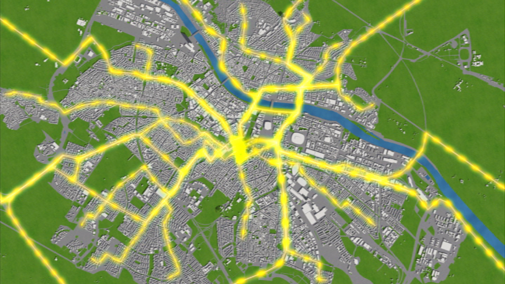 Stadtkarte mit Straßen und Flüssen, die durch gelbe Linien hervorgehoben sind.