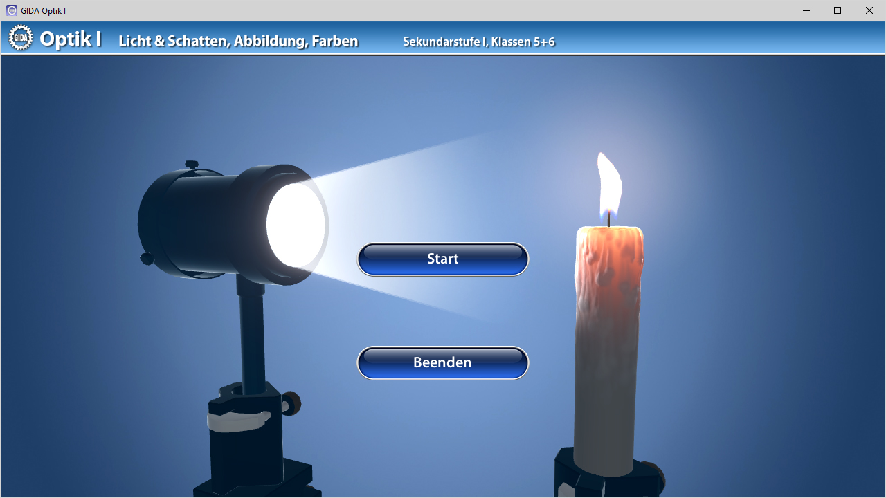 Menü der Software "Optik I – Licht & Schatten, Abbildung, Farben".