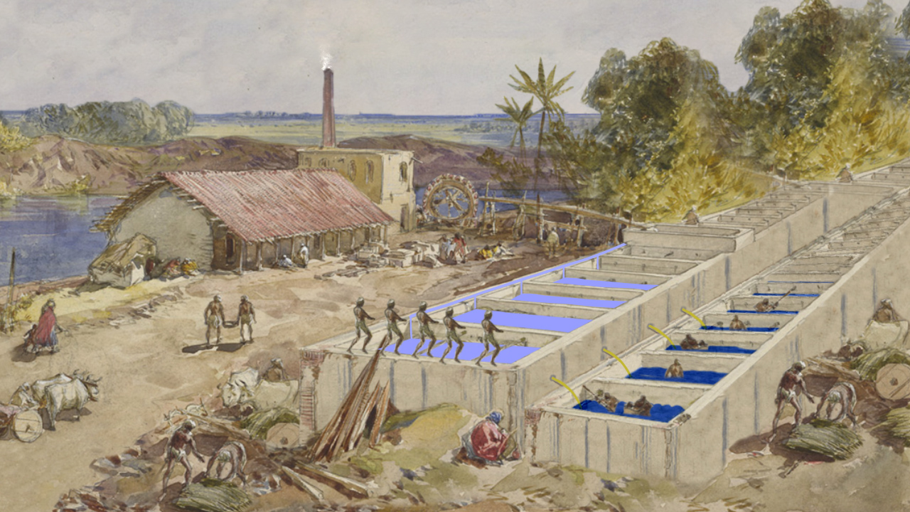 Historische Darstellung einer Textilfärberei mit Wasserrädern, Arbeitern und blauen Färbebädern.