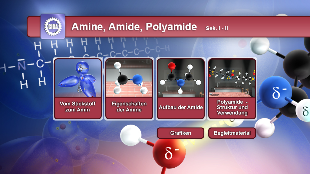 Infografik über Amine, Amide und Polyamide mit vier Themenfeldern: von Stickstoff zu Amin, Eigenschaften der Amine, Aufbau der Amide, Polyamide - Struktur und Verwendung.