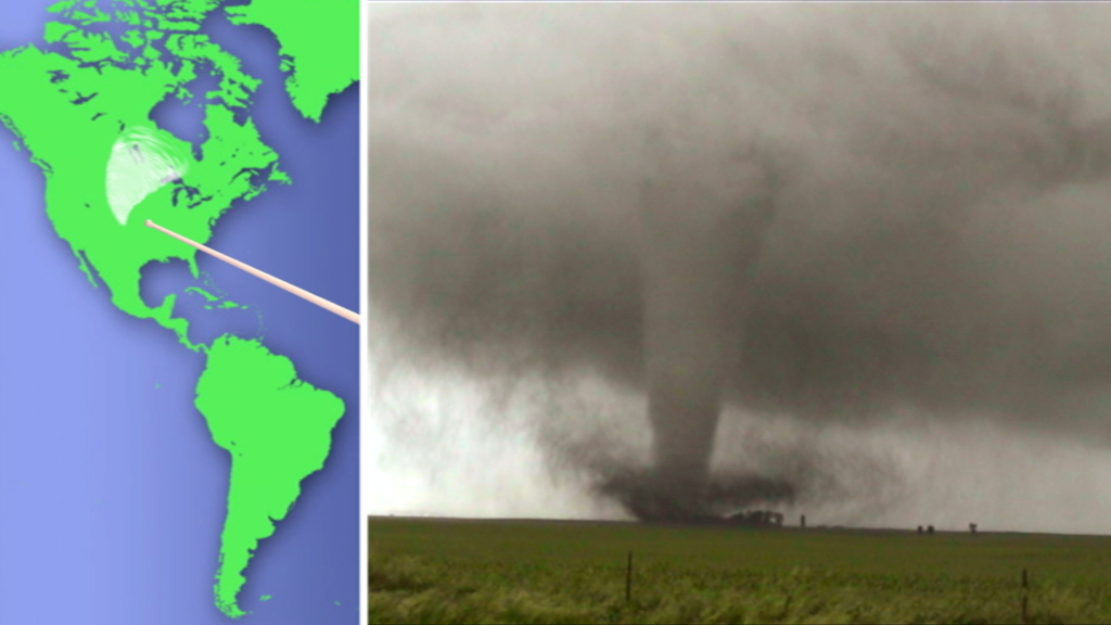 Ein Tornado, der über ein Feld zieht, mit einer Karte, die die Region in Nordamerika zeigt.