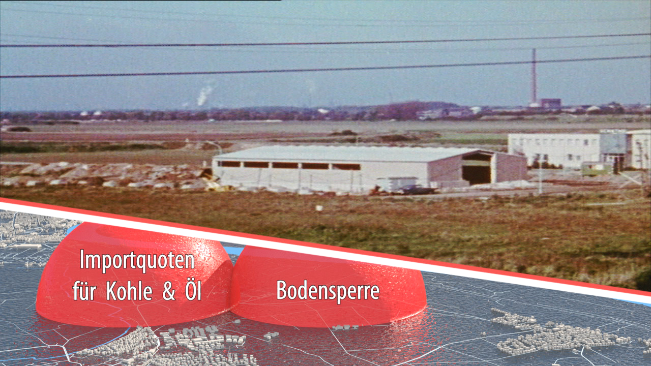 Landschaft mit Lagerhäusern und Industrie im Hintergrund, Text: 'Importquoten für Kohle & Öl' und 'Bodensperre' in rotem Banner.