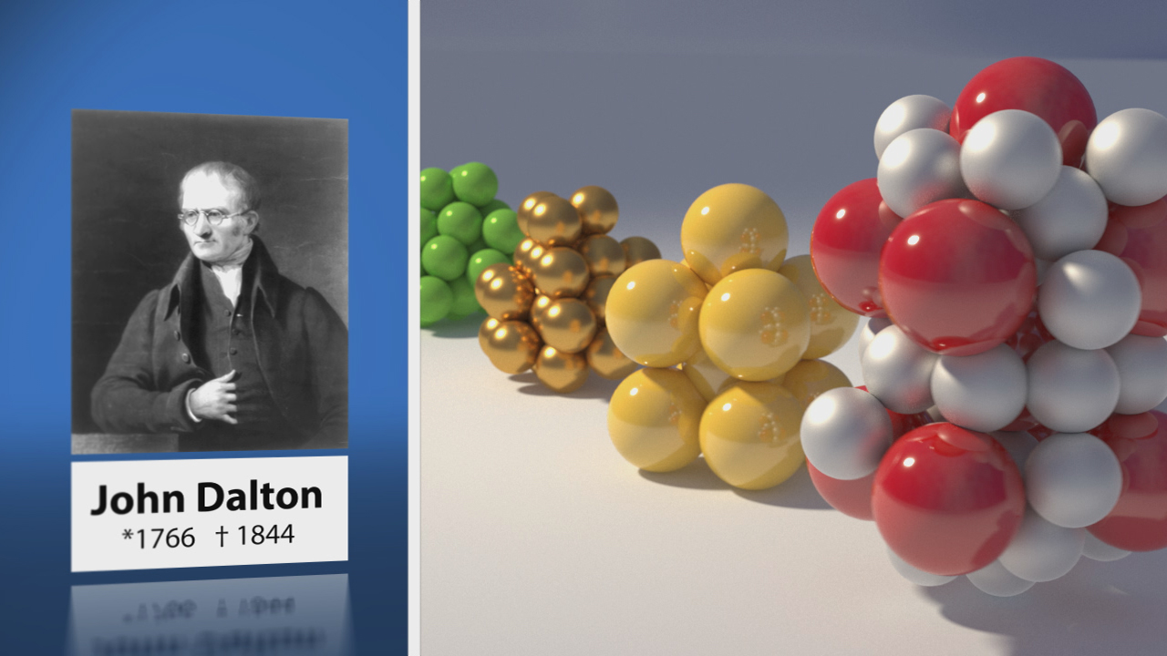 Porträt von John Dalton neben 3D-Darstellungen von Molekülen in verschiedenen Farben.
