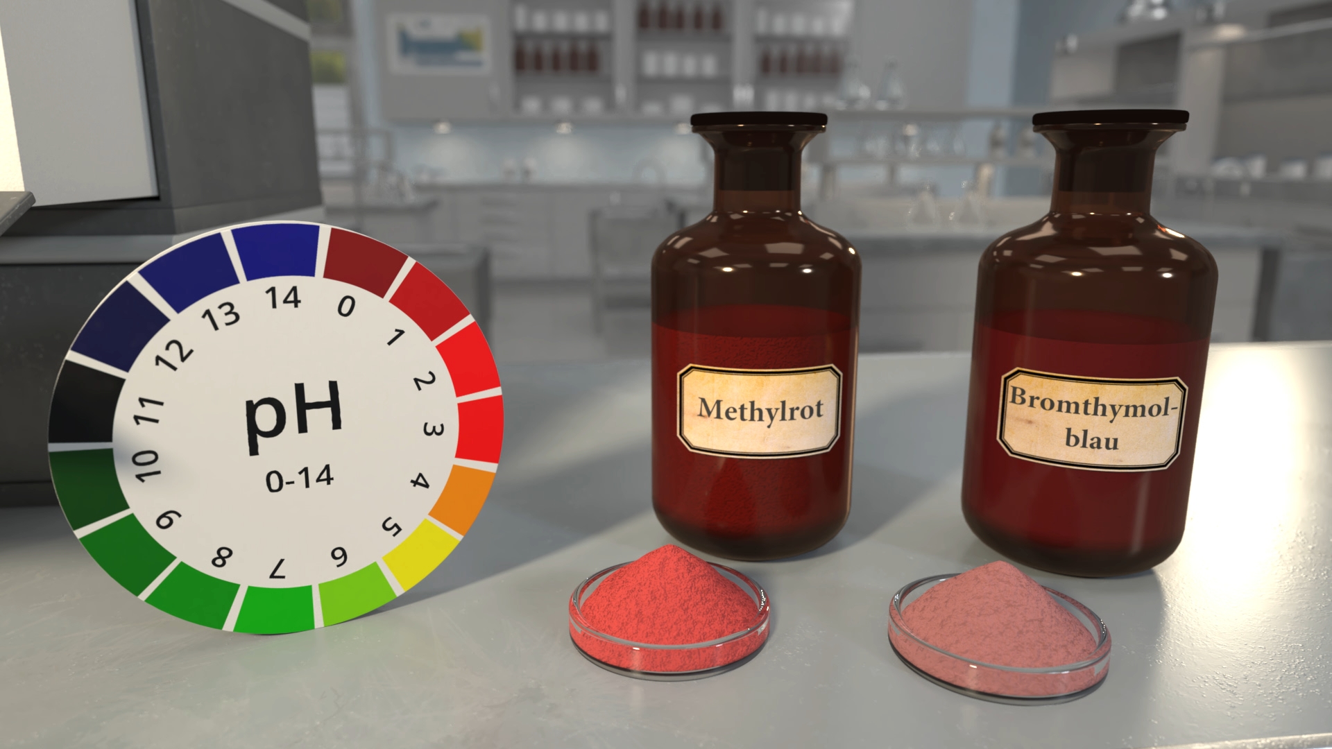 Zwei braune Flaschen mit Etiketten 'Methylrot' und 'Bromthymol-blau' neben zwei Schalen mit rotem Pulver und einem pH-Skala-Rad.