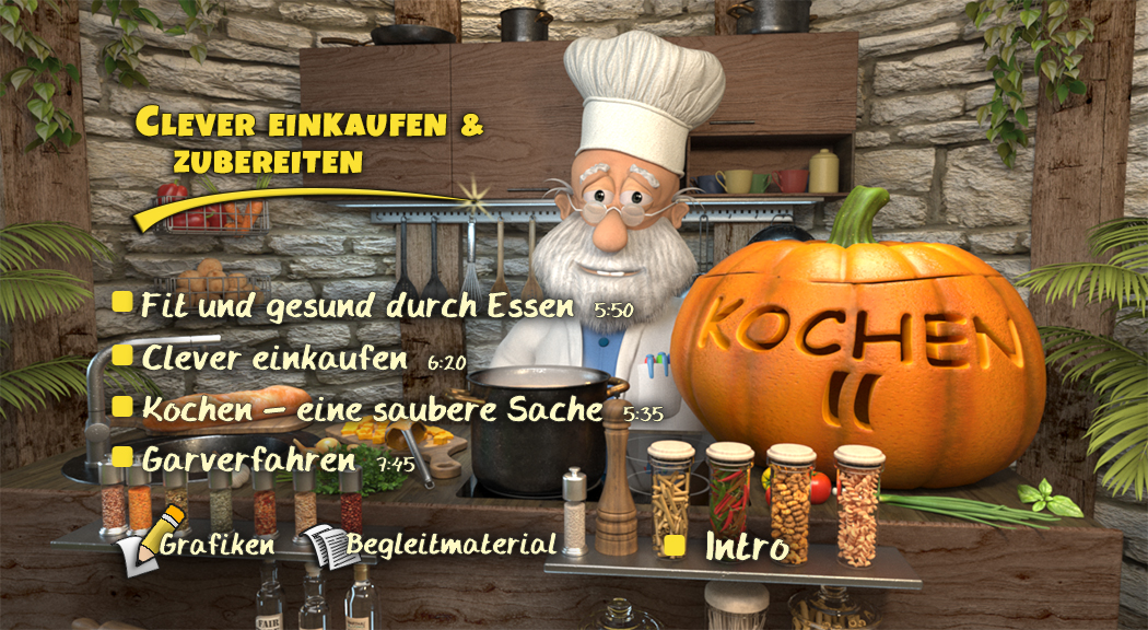 Menü des Films "Kochen II – Clever einkaufen und zubereiten".