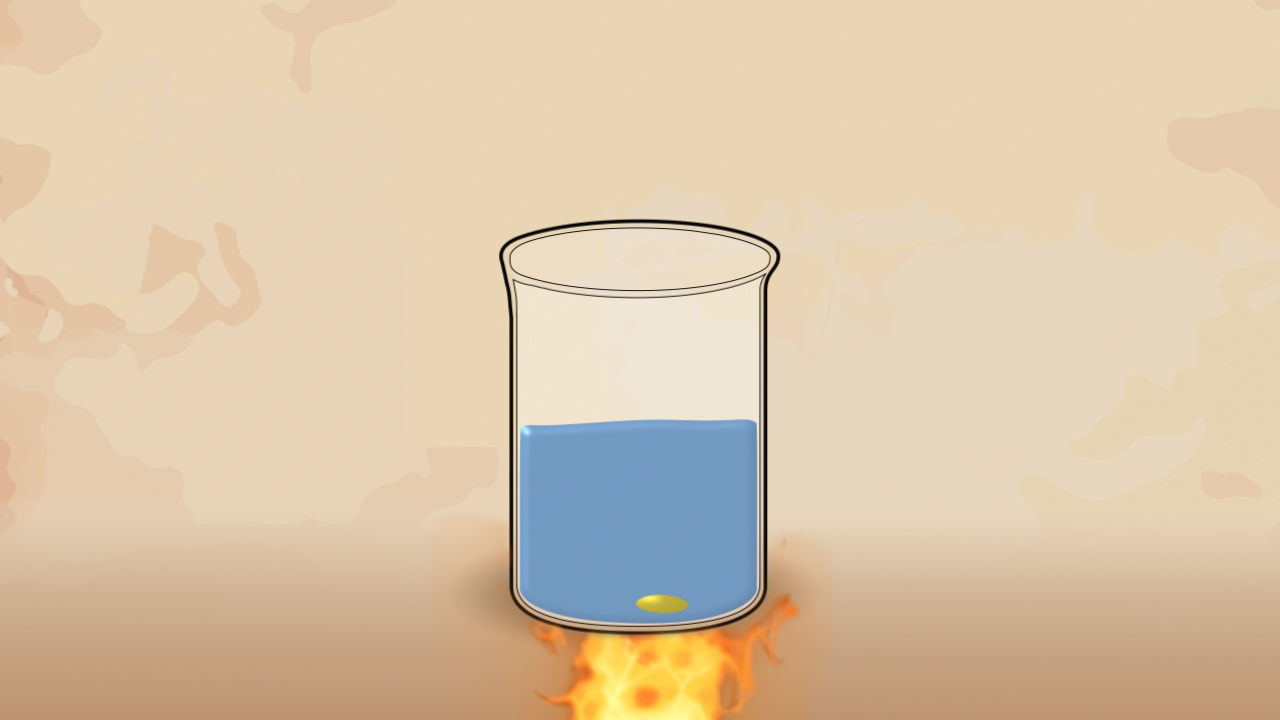 Ein Becherglas mit blauem Wasser und einem kleinen gelben Objekt am Boden, das über einer Flamme erhitzt wird.