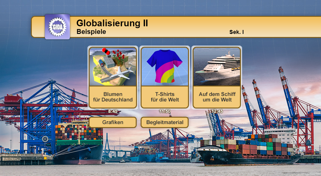 Grafiken zur Globalisierung mit Beispielen wie Blumen für Deutschland, T-Shirts für die Welt und einem Kreuzfahrtschiff.