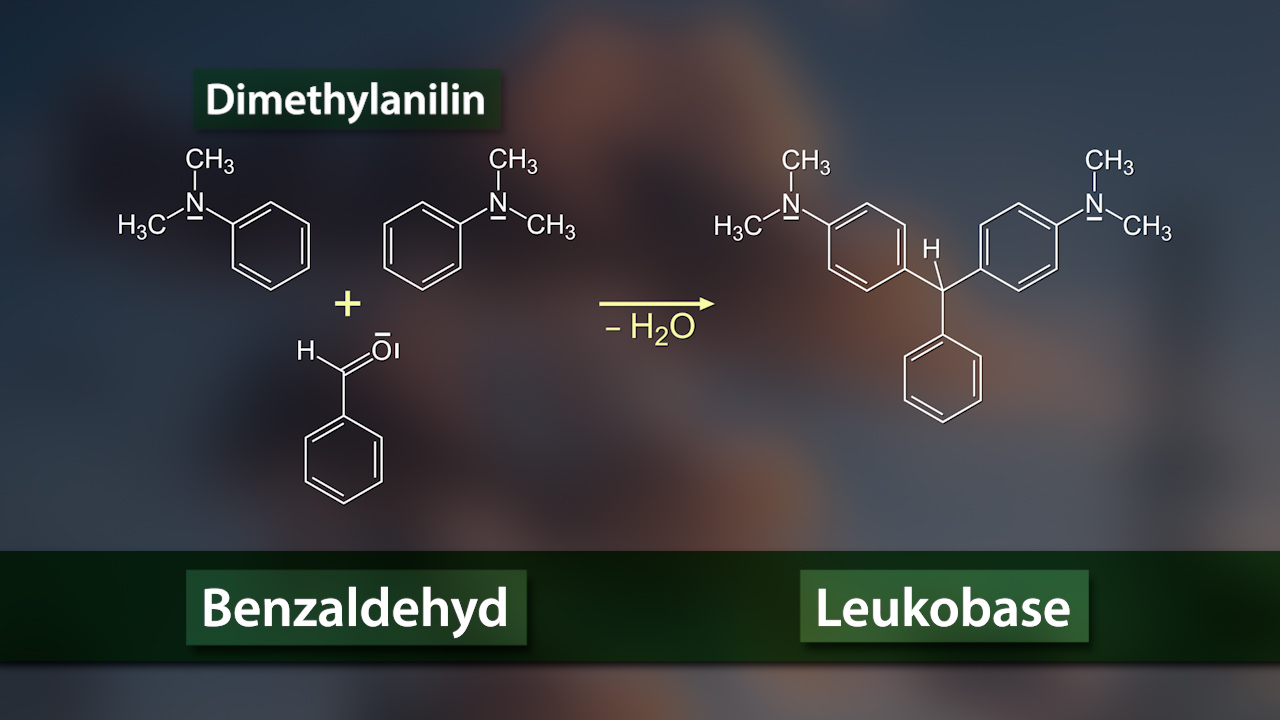 Chemische Reaktion zwischen Dimethylanilin und Benzaldehyd zur Bildung von Leukobase, dargestellt mit Strukturformeln.