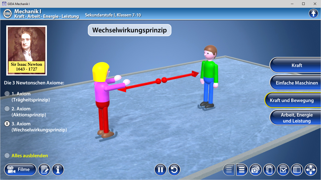 Interaktive Simulation des Wechselwirkungsprinzips in der Mechanik mit zwei Figuren, die Kräfte darstellen.