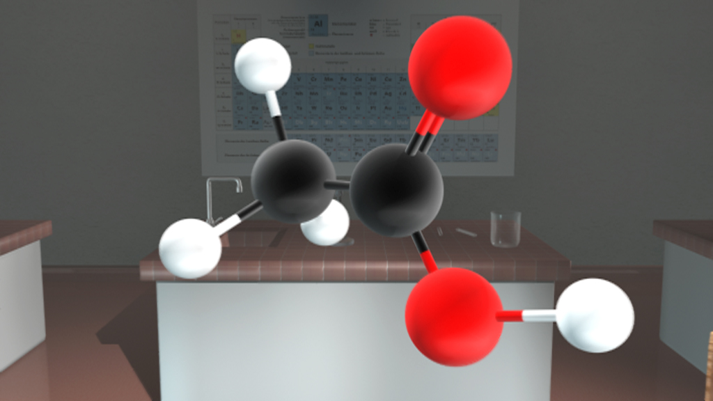 3D-Modell eines Moleküls mit schwarzen, roten, weißen und grauen Atomen, dargestellt in einem Laborumfeld.