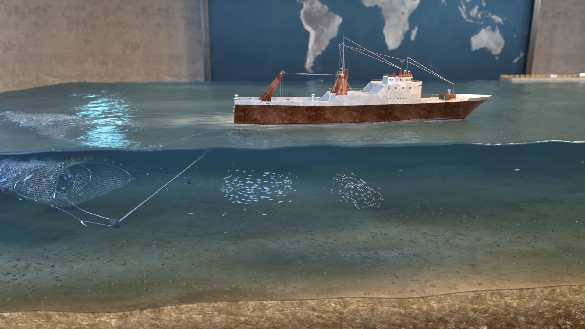 Modell eines Fischereischiffs auf Wasseroberfläche mit Fischernetzen und Fischschwärmen darunter.