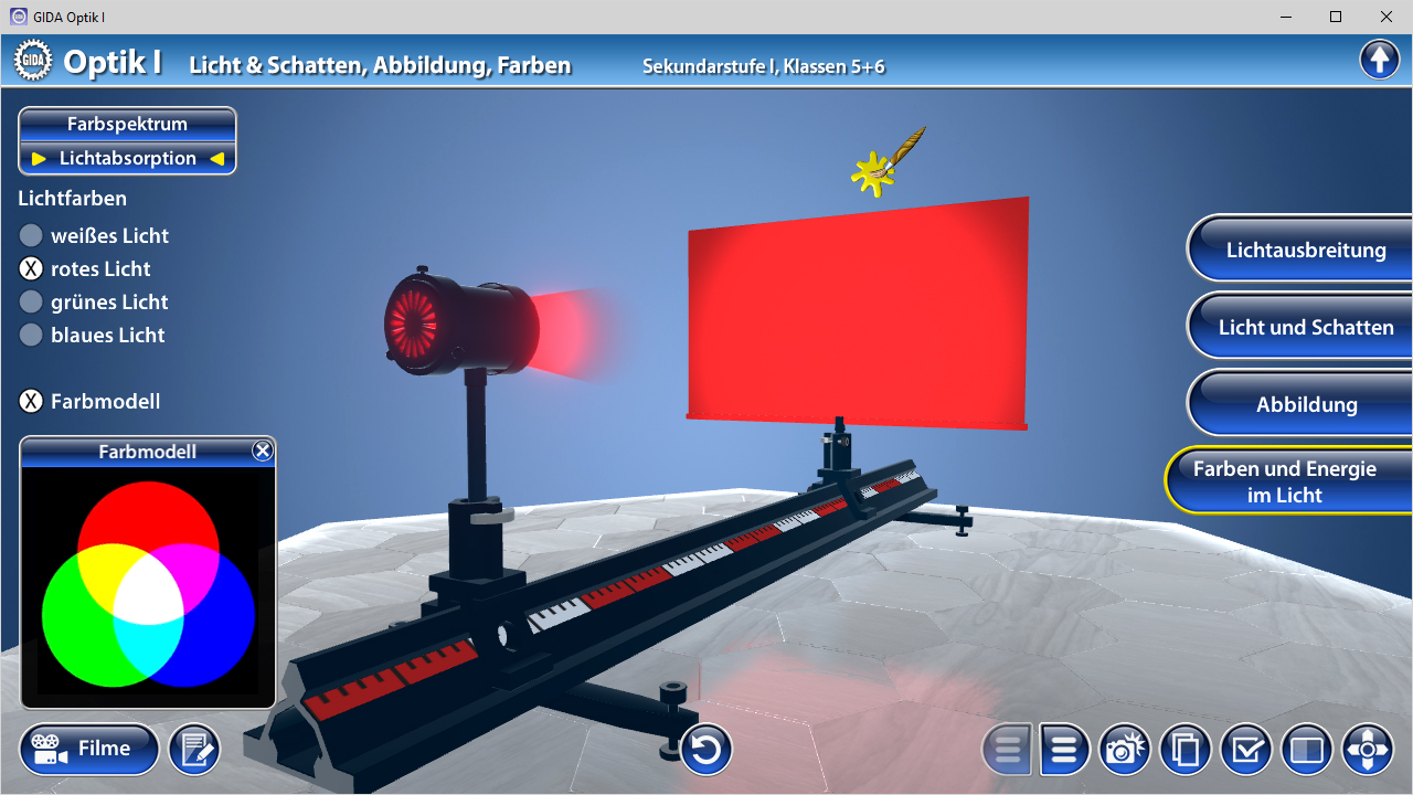 Interaktive Darstellung von Licht und Farben mit einem Farbspektrum, Lichtquelle und Absorptionseffekten.