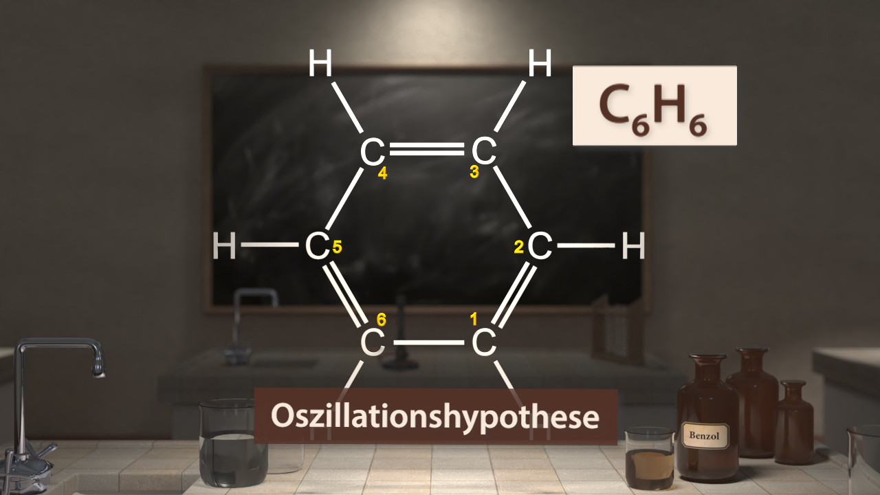 Chemische Struktur von Benzol mit der Bezeichnung 'Oszillationstheorie' und der chemischen Formel C6H6.