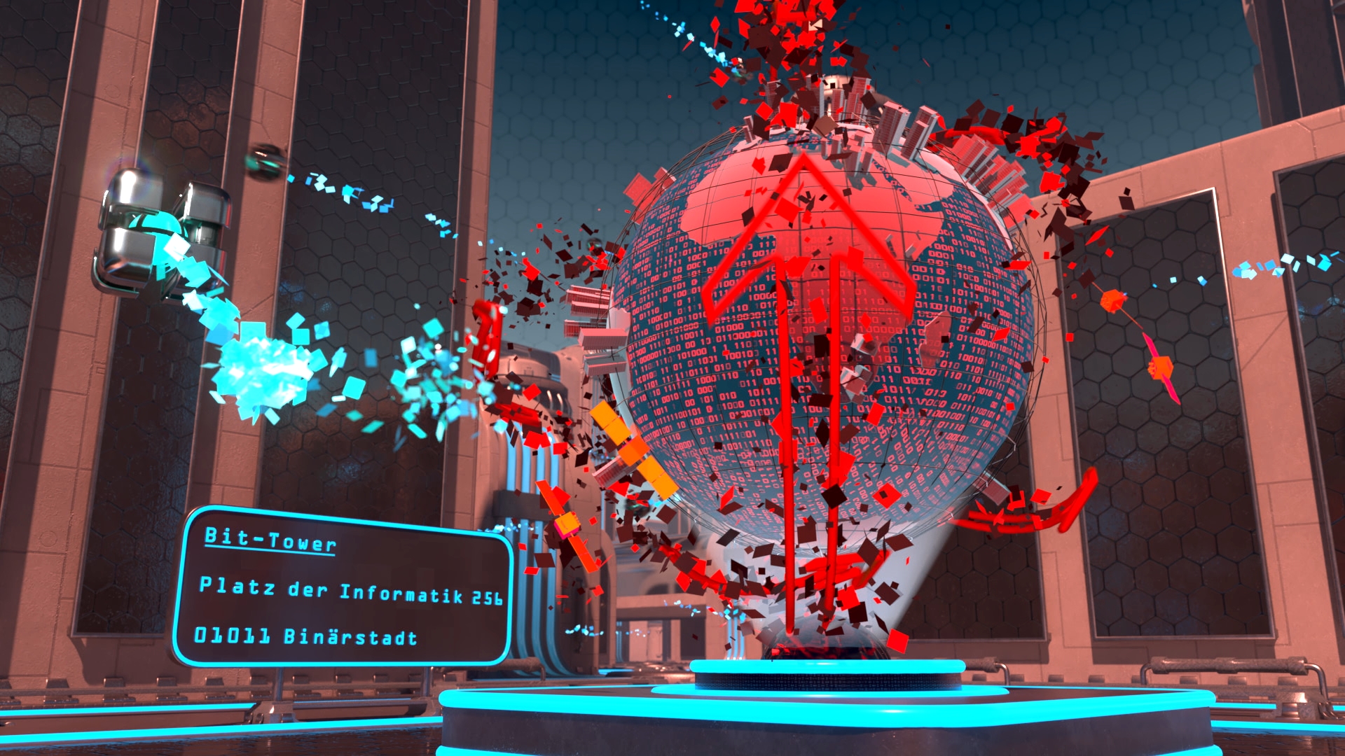 Digitale 3D-Darstellung einer Kugel mit rot-blauen Datenströmen und einem roten Pfeil nach oben in einem futuristischen Raum