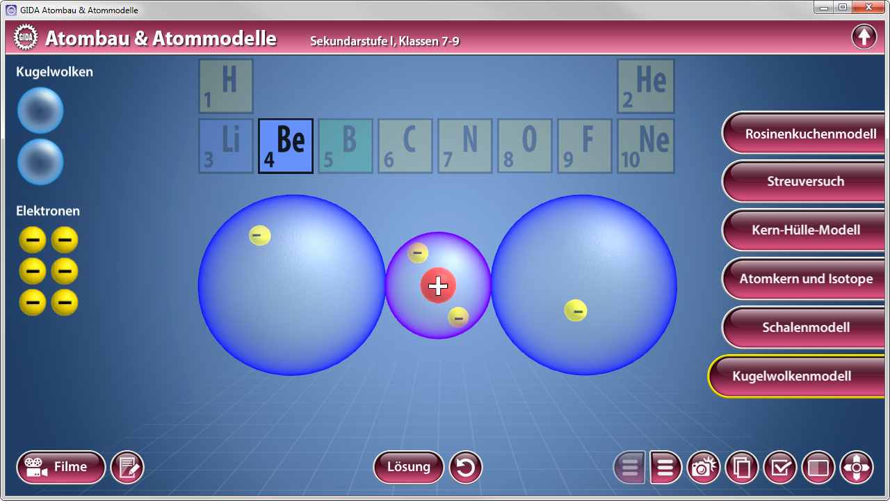 Interaktive Darstellung des Atomaufbaus mit Kugelwolkenmodell, zeigt Elektronen und Atomkerne.