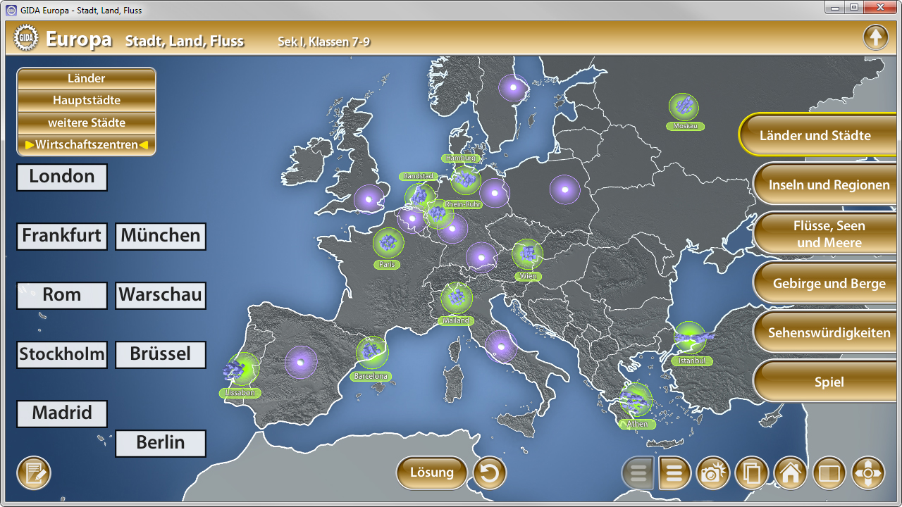 Interaktive Karte von Europa mit Städten, Flüssen und wirtschaftlichen Zentren, einschließlich London, Frankfurt, und Berlin.