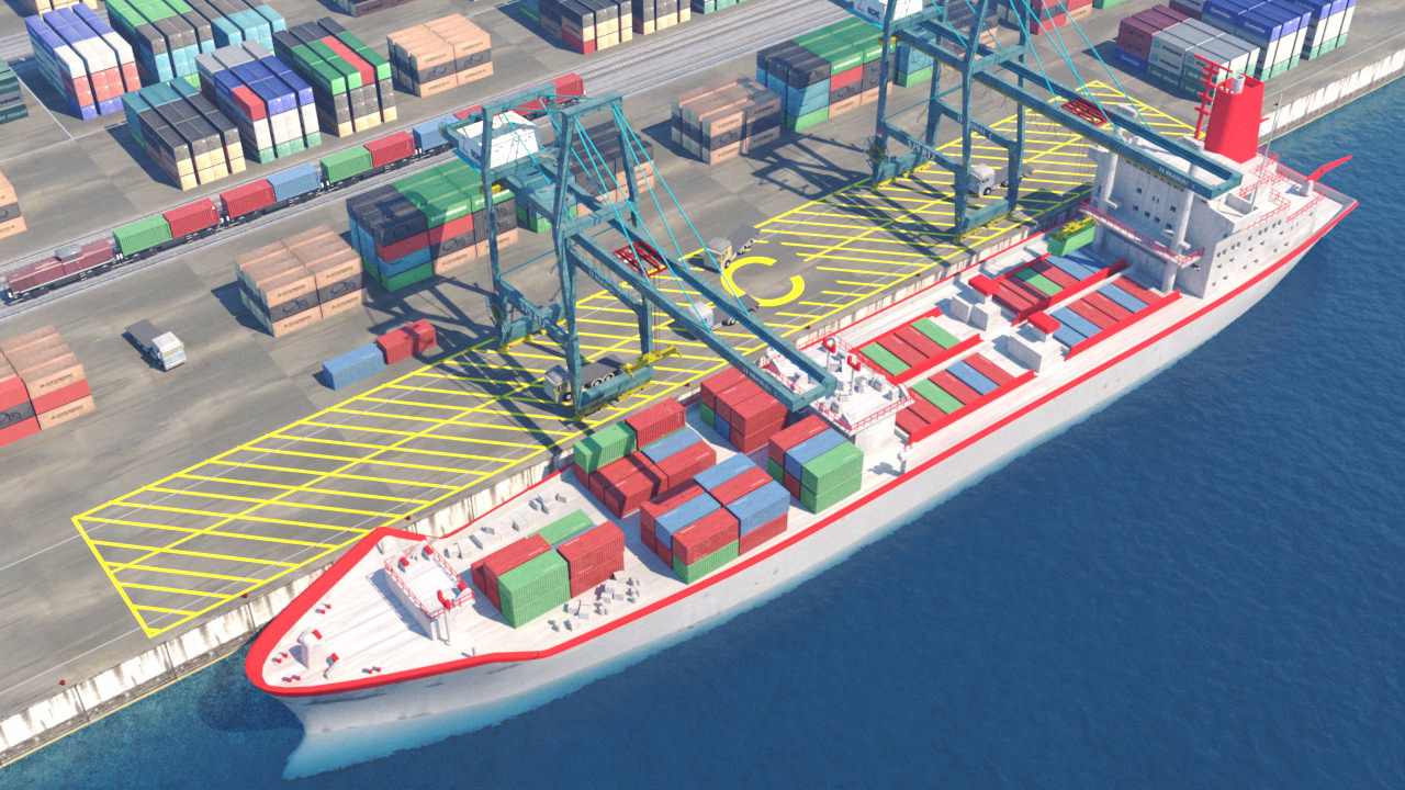 Containerfrachter im Hafen mit bunten Containern auf dem Deck.