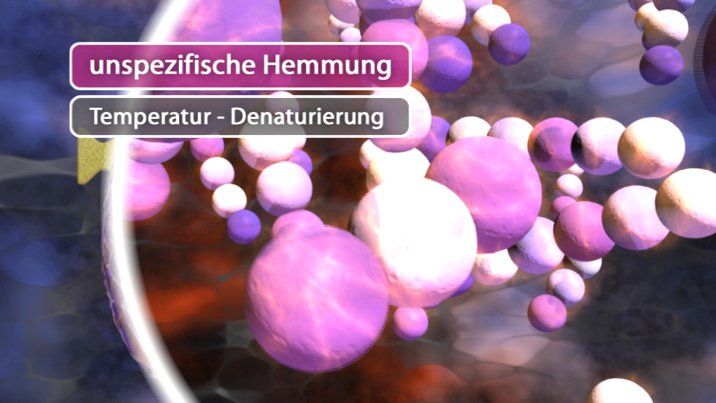 Grafik zeigt Moleküle in verschiedenen Farben, mit Text: 'unspezifische Hemmung' und 'Temperatur - Denaturierung'.