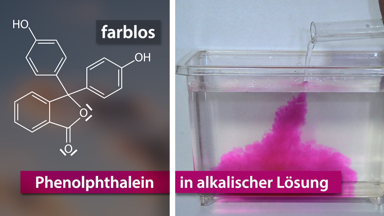 Chemische Struktur von Phenolphthalein und seine Reaktion in alkalischer Lösung, die eine pinke Farbe zeigt.