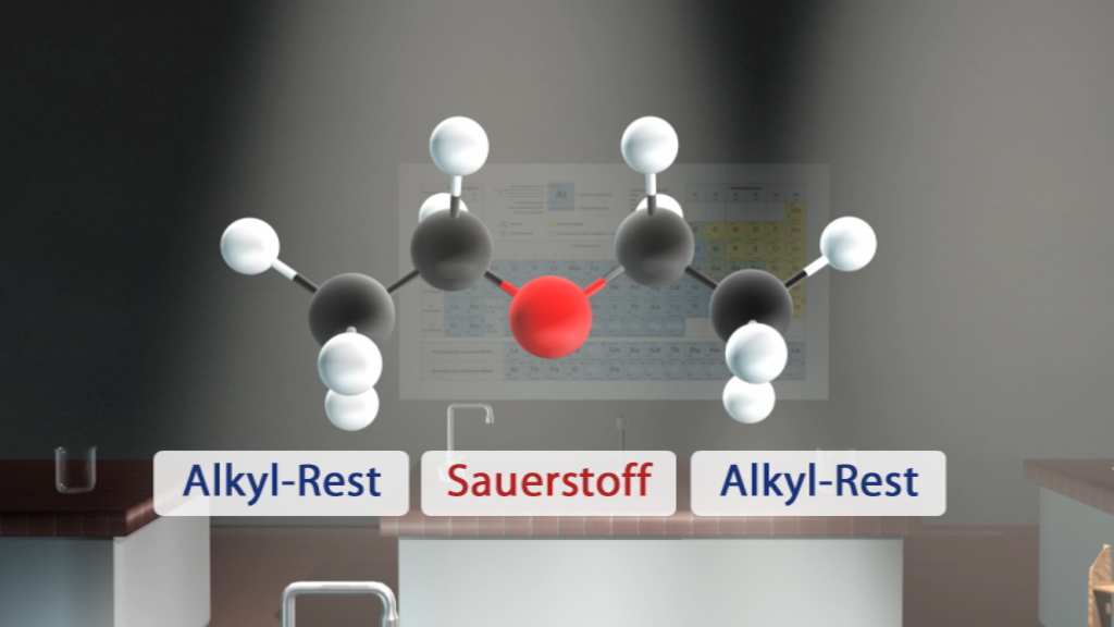 Molekülstruktur mit einem roten Sauerstoffatom in der Mitte, umgeben von zwei Alkyl-Resten, dargestellt in einem chemischen Kontext.