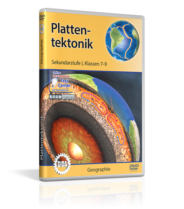 DVD-Hülle mit dem Titel 'Plattentektonik', zeigt eine Erdkugel und eine schematische Darstellung des Erdinneren.