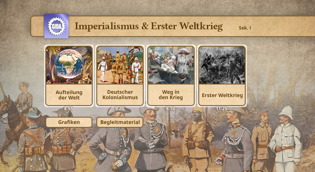 Infografik über Imperialismus und Erster Weltkrieg mit vier Themen: Aufteilung der Welt, Deutscher Kolonialismus, Weg in den Krieg, Erster Weltkrieg.