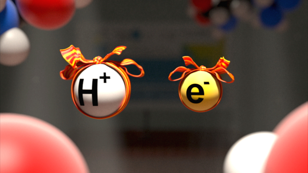 Darstellung von Wasserstoffion (H+) und Elektron (e-) als bunte Kugeln mit Schleifen.