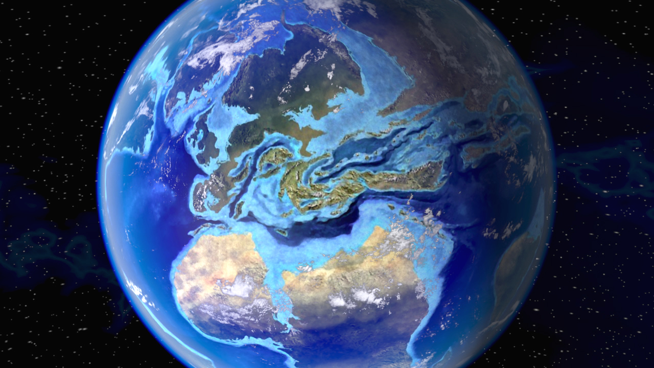 Ansicht der Erde aus dem Weltraum, zeigt Kontinente und Ozeane in lebendigen Farben.