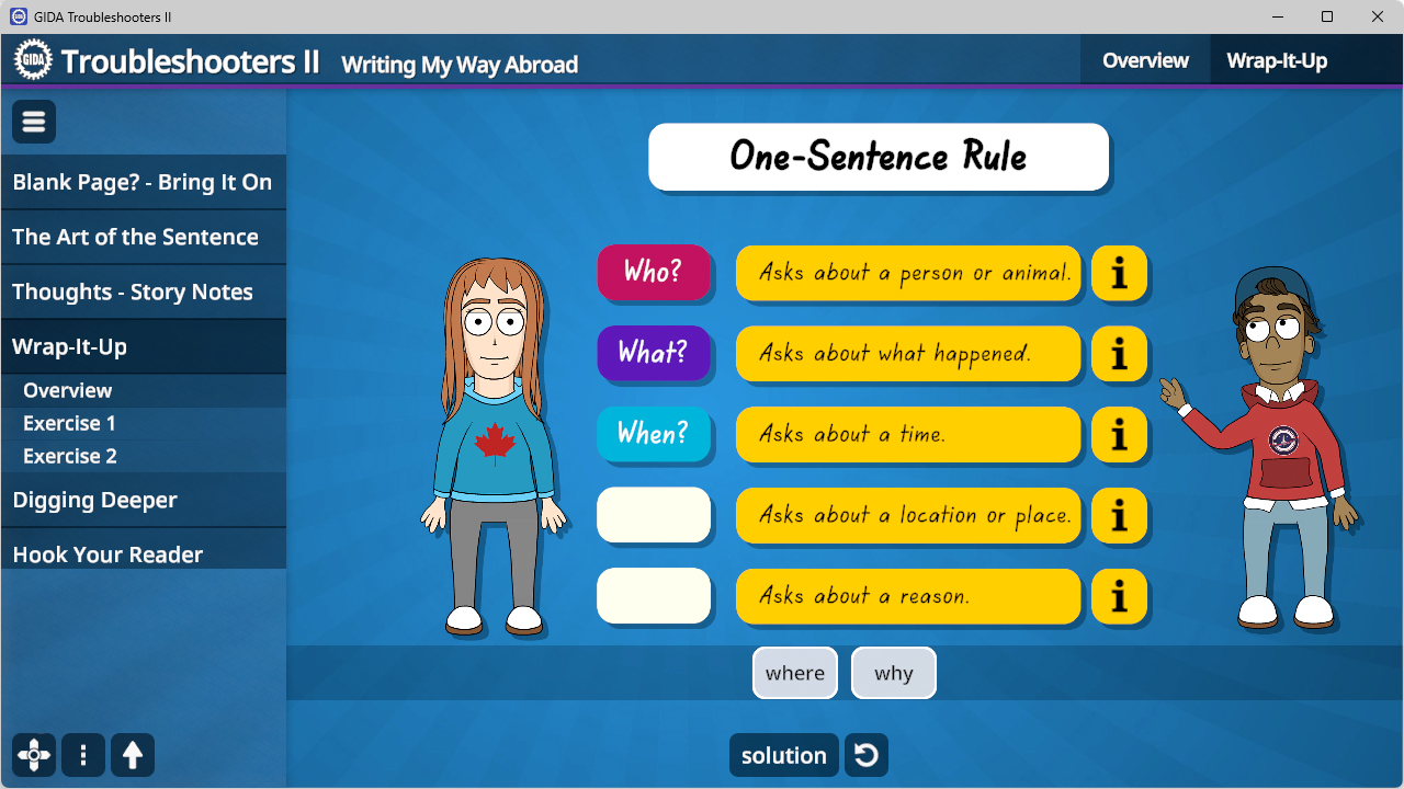 Zwei Figuren mit verschwommenem Gesicht, eine trägt blauen Pullover mit rotem Ahornblatt, die andere roten Pullover mit weißem Schriftzug, daneben eine Tabelle mit der Überschrift 'One-Sentence Rule' und Fragen zu Personen, Ereignissen, Zeit, Ort und Grun