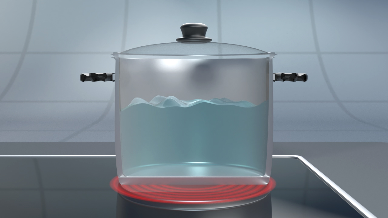 Ein transparenter Kochtopf mit Wasser auf einem roten Kochfeld.