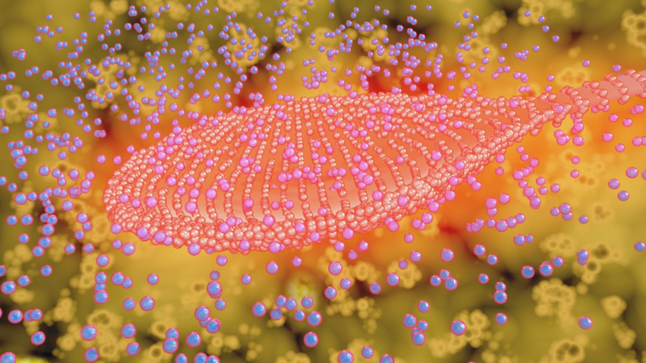 Visualisierung eines Moleküls mit rosa und blauen Atomen auf einem gelben Hintergrund.