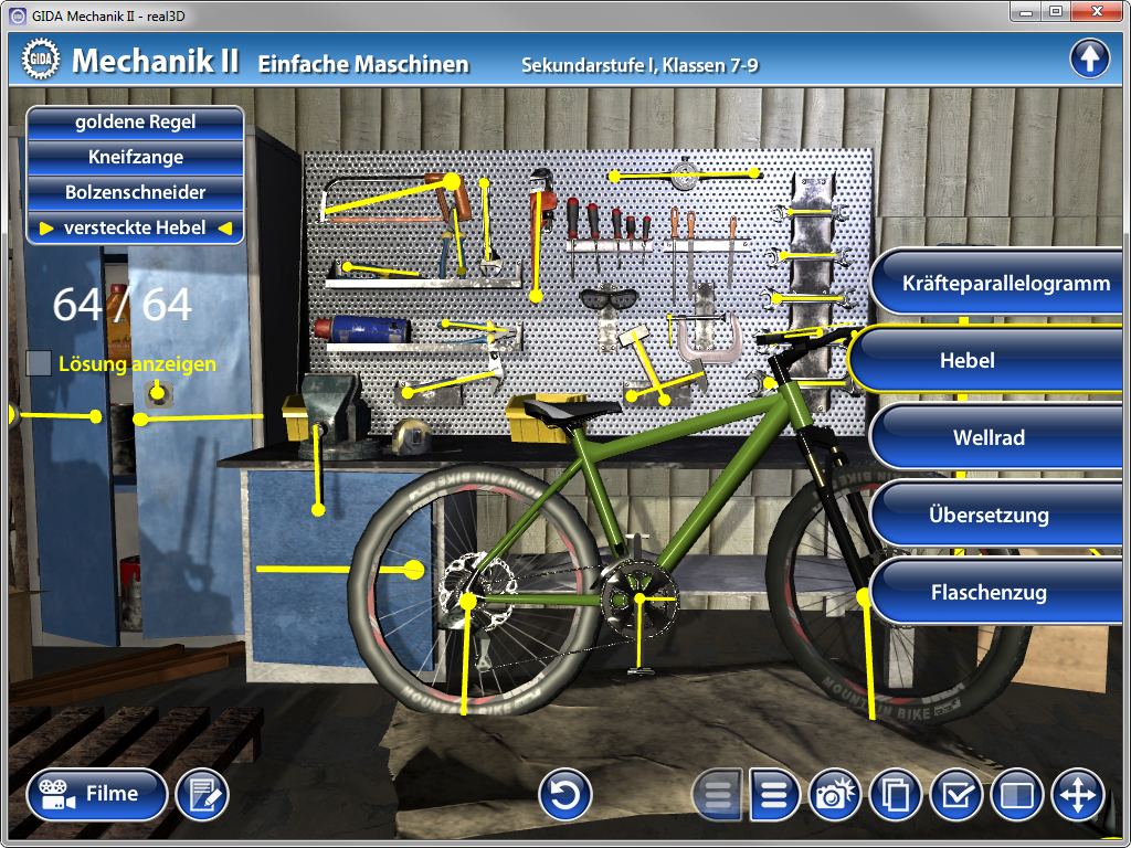 Ein interaktives 3D-Modell eines Werkstattbereichs mit einem Fahrrad und verschiedenen Werkzeugen an einer Wand.