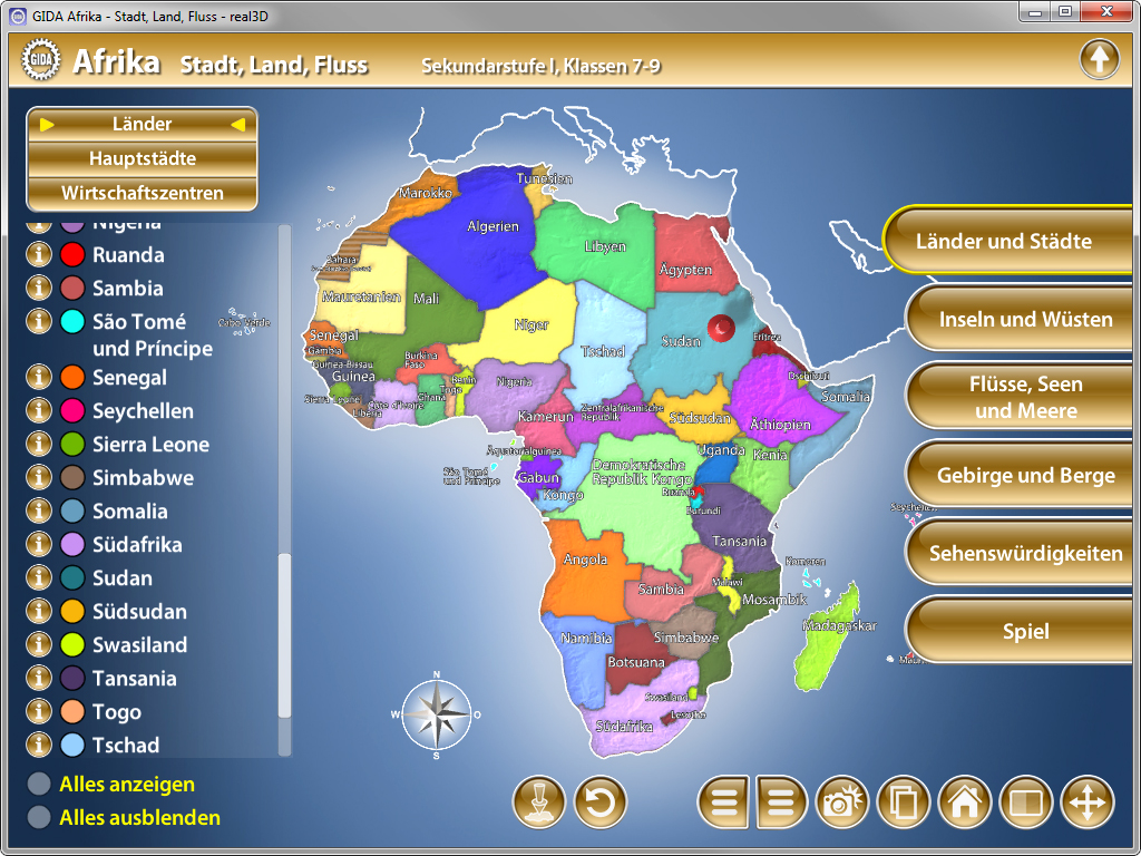 Interaktive Karte von Afrika mit Ländern, Hauptstädten und Flüssen, farblich markiert für Sekundarstufe Klassen 7-9.