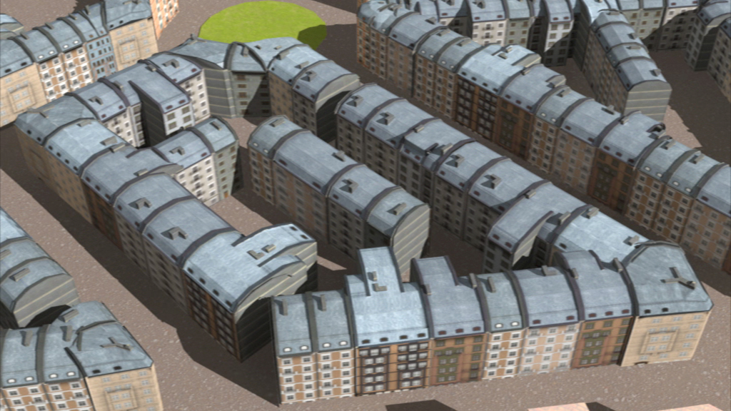 Eine 3D-Ansicht eines Stadtblocks mit mehreren Gebäuden, die sich in einer labyrinthartigen Anordnung befinden.