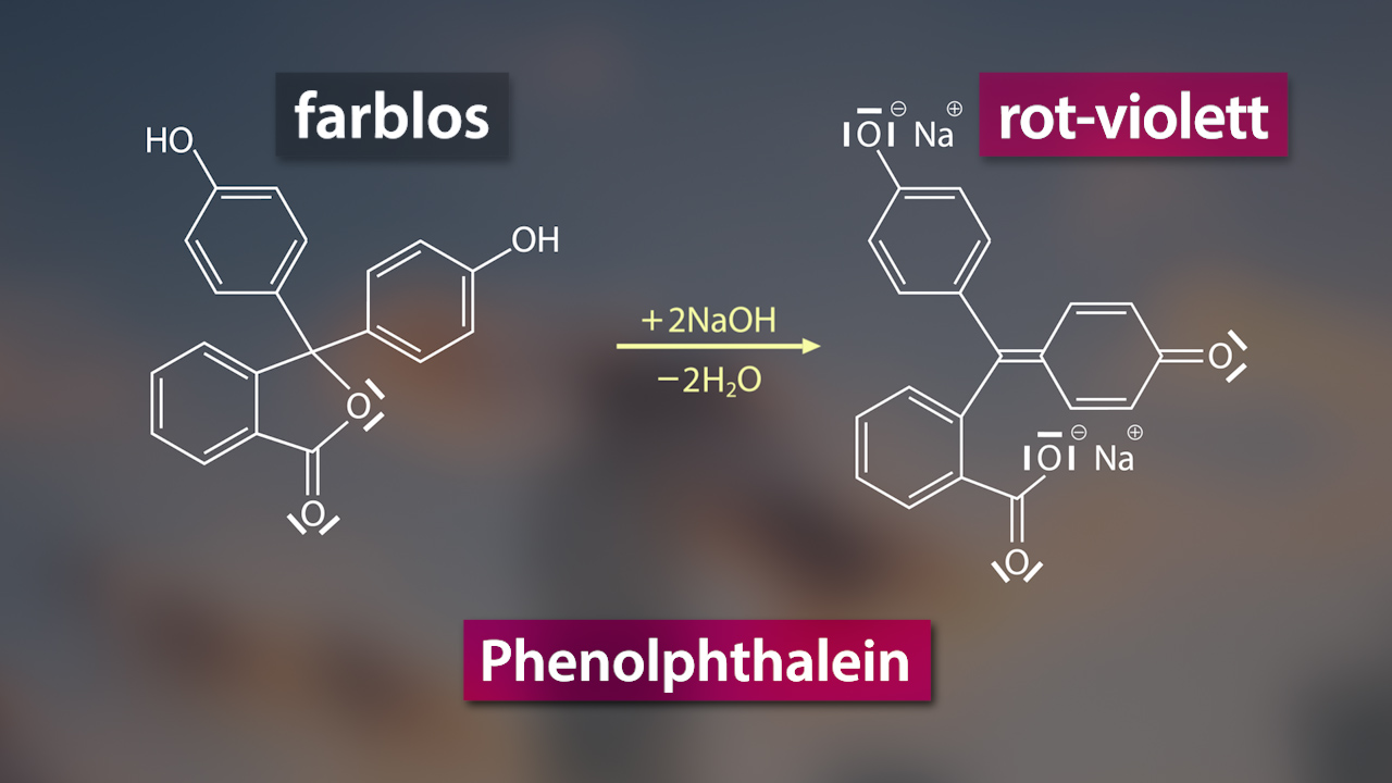 Chemische Reaktion von Phenolphthalein: farblos zu rot-violett mit NaOH.