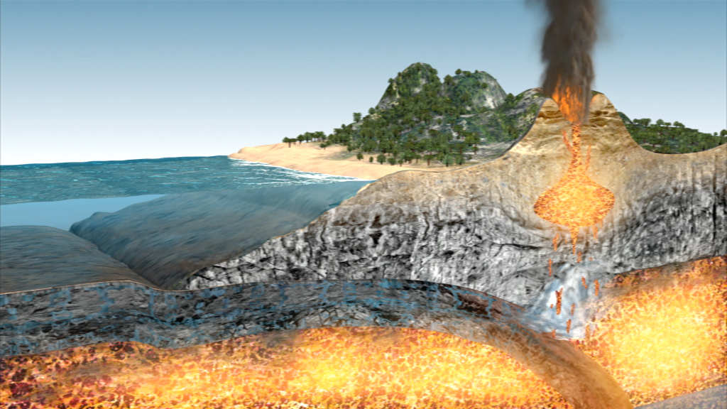 Grafik eines Vulkanausbruchs an einer Küste mit Lava, die aus dem Vulkan fließt, und einer bewaldeten Insel im Hintergrund.