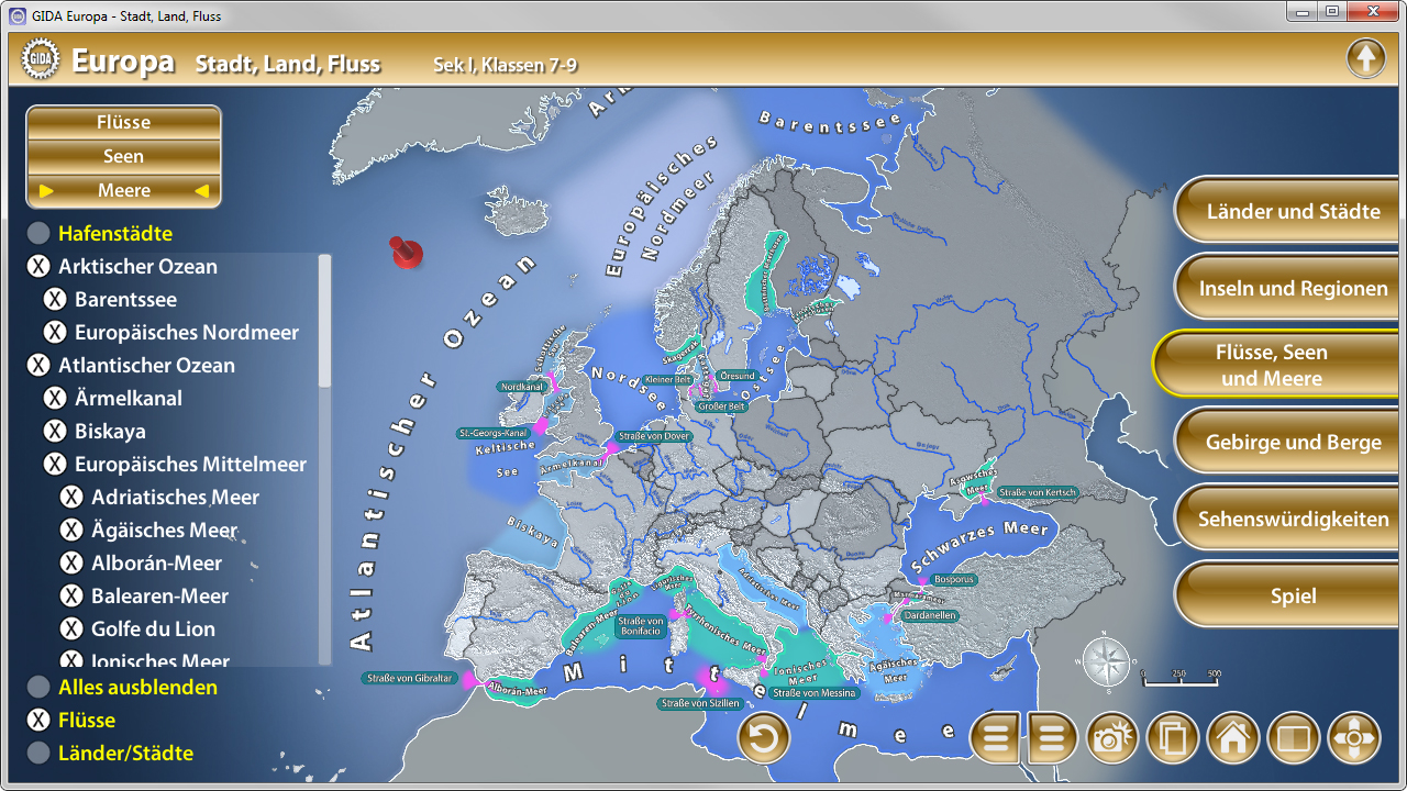 Interaktive Karte von Europa mit Flüssen, Städten und Meeren, farblich markiert.